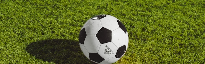 足球场草地上一个足球的特写镜头，阳光明媚